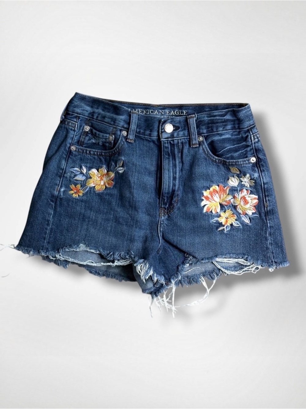 American Eagle Women's Denim Shorts Size 4 Blue Floral Embroidered Cutoff
